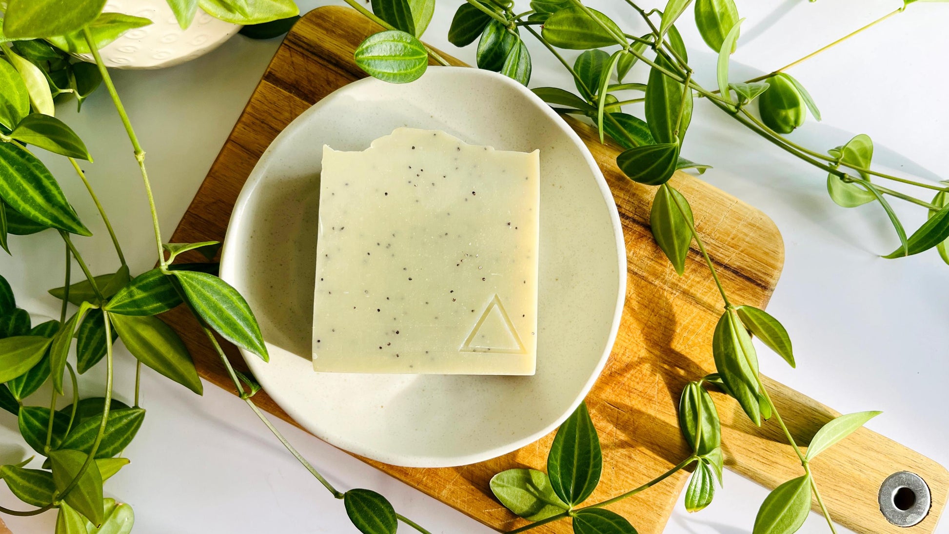 Bar of light green soap with poppy seeds sprinkled throughout on a white soap dish with green leaves around.