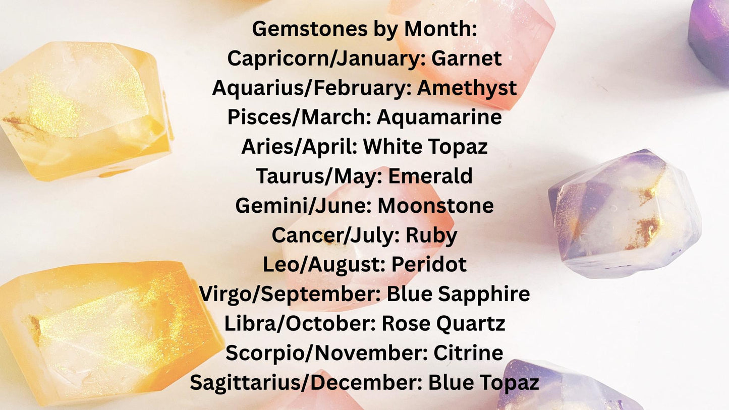 Gemstones with their corresponding months on a white background