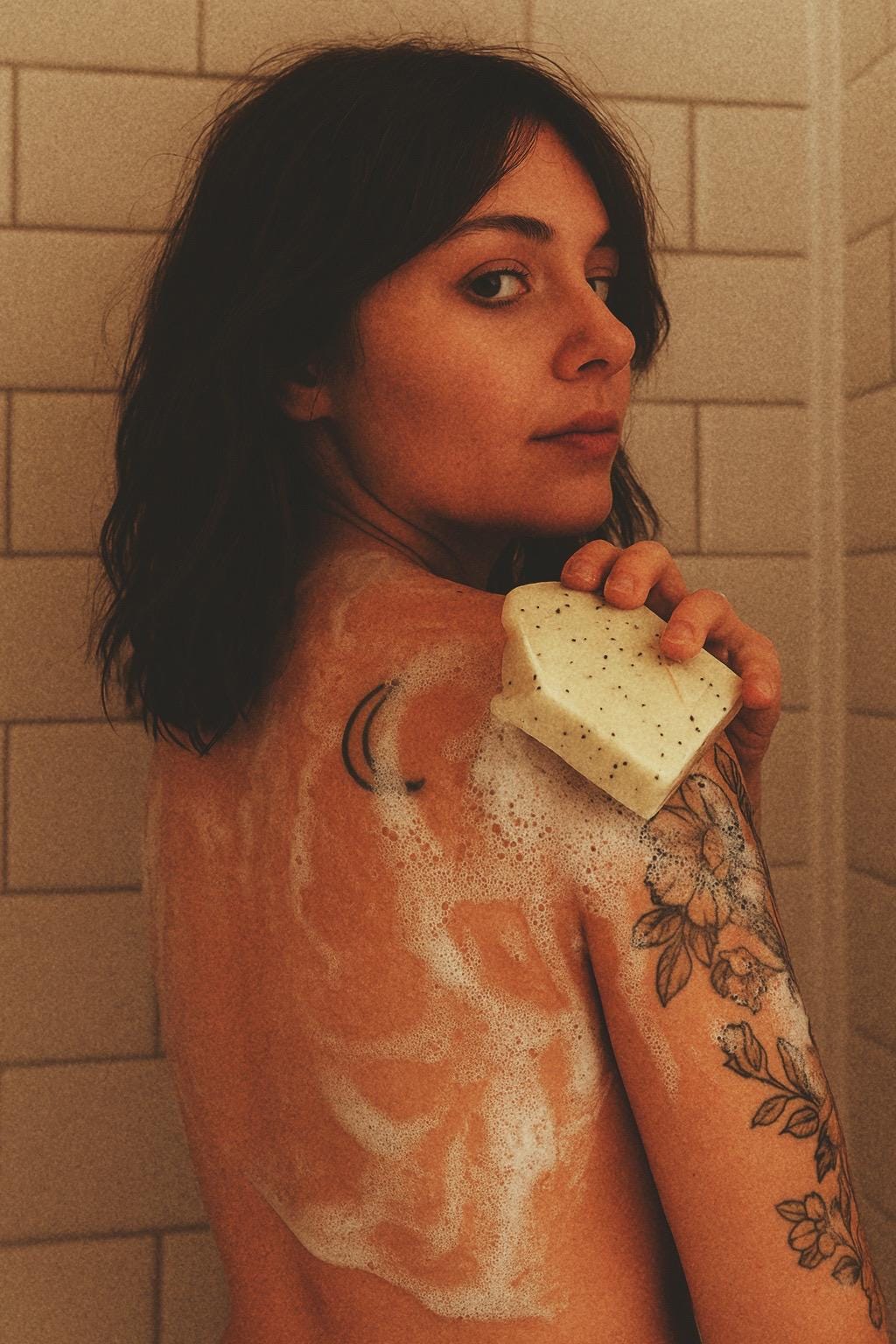 Woman with floral tattoos, and half moon tattoo holding a bar of light yellow soap in a tiled shower