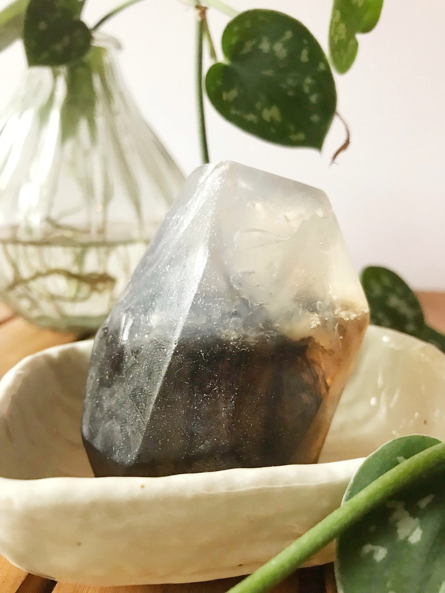 Smoky Black gem shaped soap in a white soap dish with a plant in the background.
