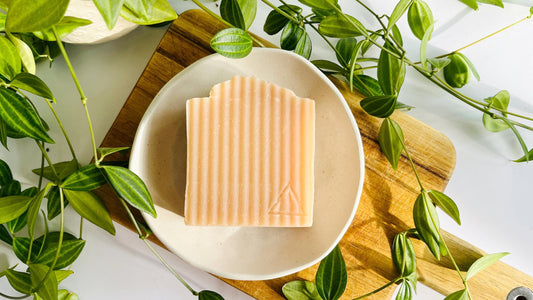 Bar of pink soap with soft ridges on a white soap dish with green leaves around.