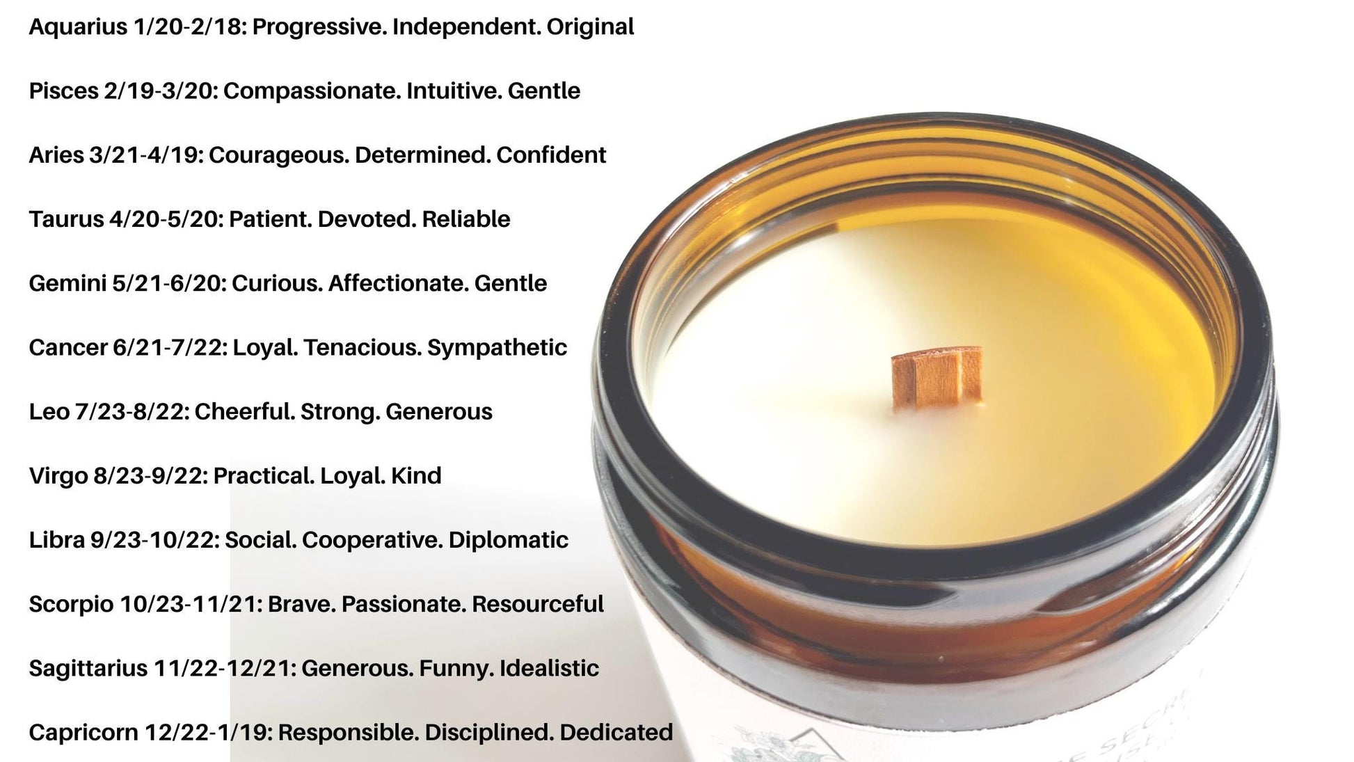 Candle in a glass jar with astrological sign descriptions on a white background