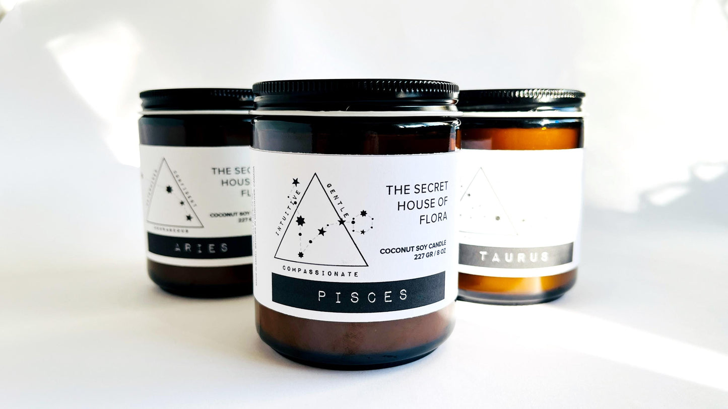 Three candles with zodiac labels on a white background