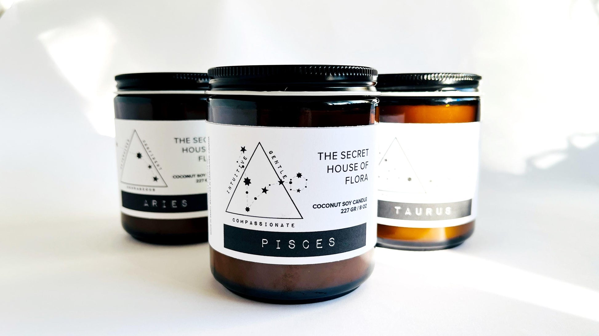 Three candles with zodiac labels on a white background