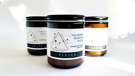 Three candles with zodiac labels on a white background
